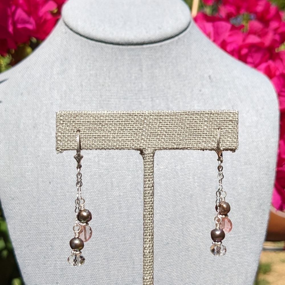 Sterling Silver Drop Earrings with Strawberry & Clear Quartz, and Grey Pearls